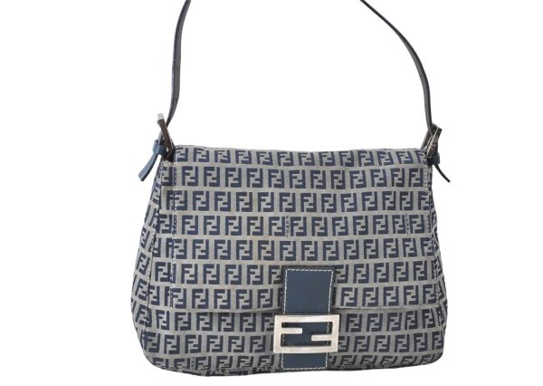 Auth FENDI Zucchino Mamma Baguette Shoulder Bag Canvas Leather Navy Blue H5163 Supply