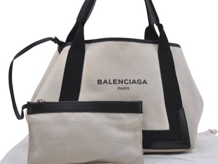 Auth BALENCIAGA Navy Caba S Hand Bag Canvas Leather 339933 White Black 5562D on Sale