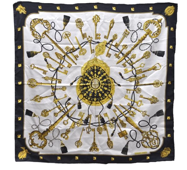 Authentic HERMES Carre 90 Scarf Key Tassel Motif Silk Black 5432D Online Sale