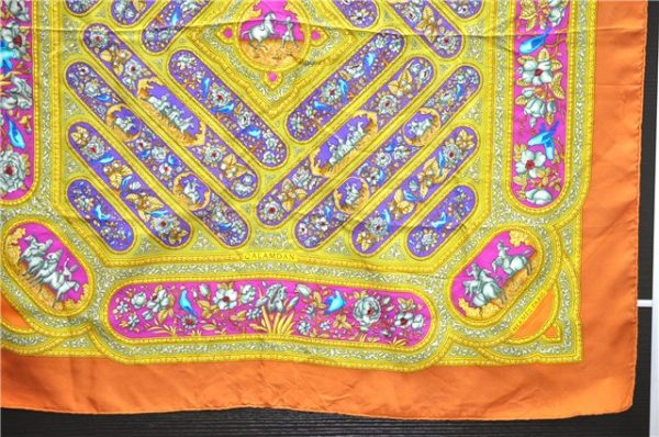 Authentic HERMES Carre 90 Scarf  QALAMDAN  Silk Orange 5401D Sale