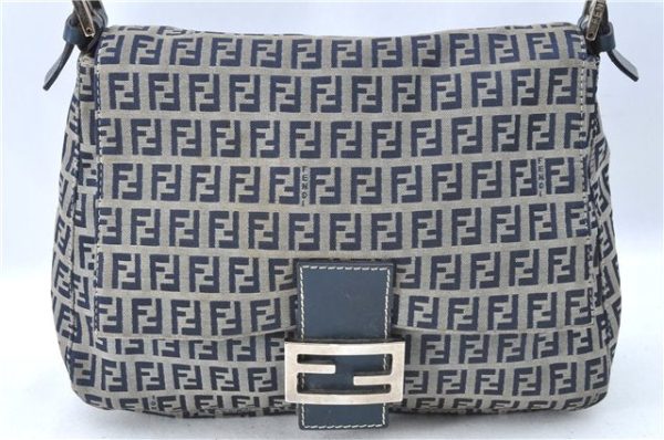 Auth FENDI Zucchino Mamma Baguette Shoulder Bag Canvas Leather Navy Blue H5163 Supply