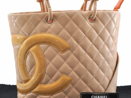 Auth CHANEL Cambon Line Quilted CC Logo Shoulder Tote Bag Beige Orange 6100A For Sale