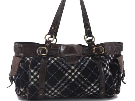 Authentic BURBERRY BLUE LABEL Check Shoulder Tote Bag Canvas Leather Blue 3043D For Sale