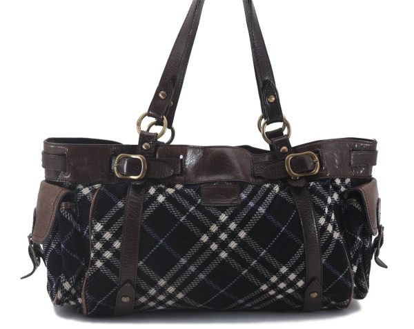 Authentic BURBERRY BLUE LABEL Check Shoulder Tote Bag Canvas Leather Blue 3043D For Sale