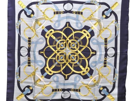 Authentic HERMES Carre 90 Scarf  Eperon d or  Silk Navy 5431D For Sale