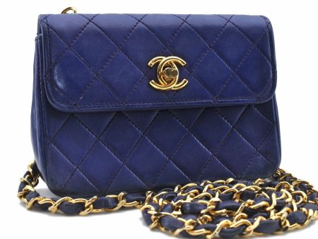 Auth CHANEL Lamb Skin Mini Matelasse CC Logo Chain Shoulder Cross Bag Blue 6110A Online