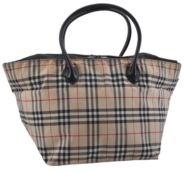 Authentic BURBERRY BLUE LABEL Check Shoulder Tote Bag Nylon Leather Beige 3891D Online Hot Sale