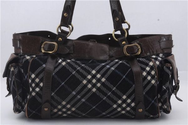 Authentic BURBERRY BLUE LABEL Check Shoulder Tote Bag Canvas Leather Blue 3043D For Sale