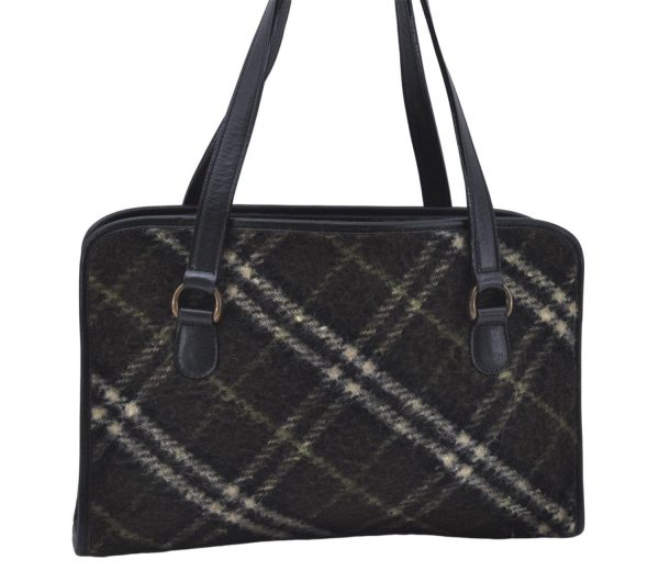 Auth BURBERRY BLUE LABEL Check Shoulder Hand Bag Wool Leather Khaki Green 3892D Online Hot Sale