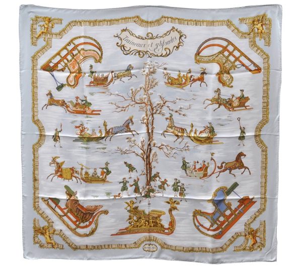 Auth HERMES Carre 90 Scarf  Traineaux et glifsades  Silk Light Blue Box 3357D Cheap