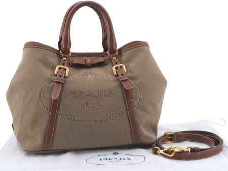 Authentic PRADA Logo Jacquard Canvas Leather 2Way Shoulder Hand Bag Brown 5558D Online Hot Sale