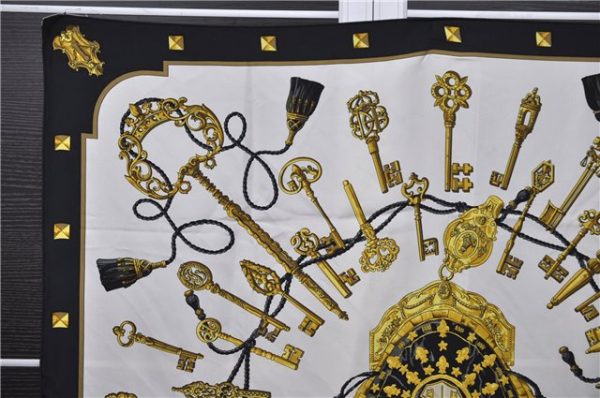 Authentic HERMES Carre 90 Scarf Key Tassel Motif Silk Black 6249C Online Hot Sale