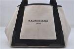 Auth BALENCIAGA Navy Caba S Hand Bag Canvas Leather 339933 White Black 5562D on Sale