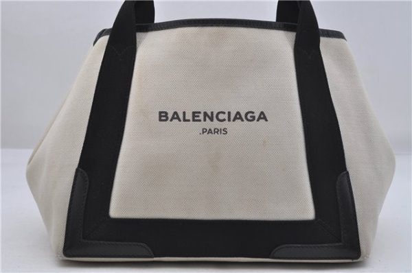 Auth BALENCIAGA Navy Caba S Hand Bag Canvas Leather 339933 White Black 5562D on Sale