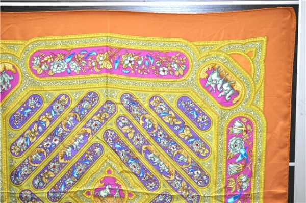 Authentic HERMES Carre 90 Scarf  QALAMDAN  Silk Orange 5401D Sale