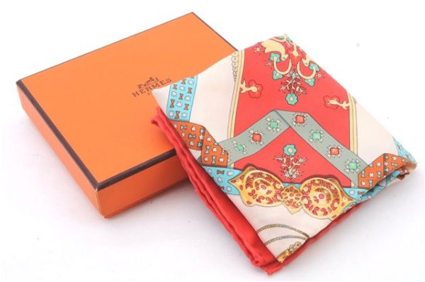 Auth HERMES Petit Carre 40 Scarf Handkerchief  Brins d or  Silk Red Box 6230C For Cheap