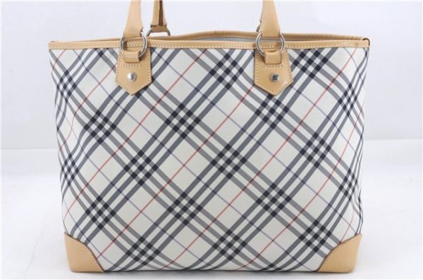 Authentic BURBERRY BLUE LABEL Check Shoulder Tote Bag Nylon Leather Ivory 4313D on Sale