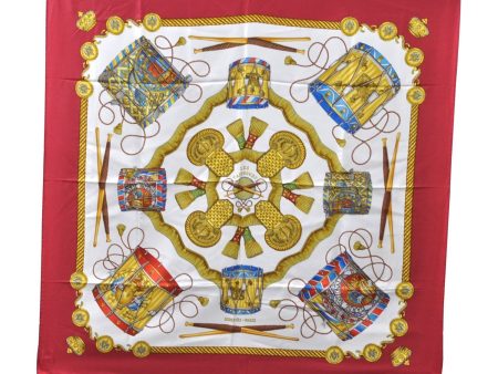 Authentic HERMES Carre 90 Scarf  LES TAMBOURS  Silk Red 8212C Fashion