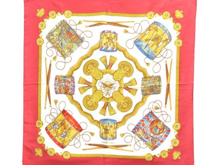 Authentic HERMES Carre 90 Scarf  LES TAMBOURS  Silk Red 2796D For Sale