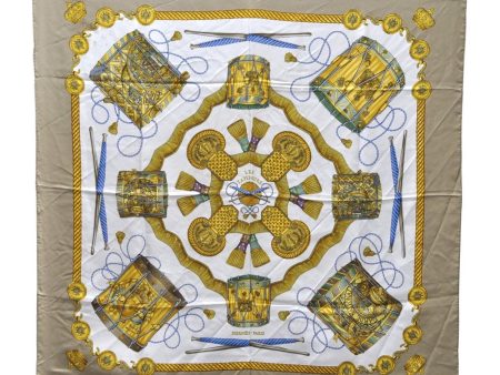 Authentic HERMES Carre 90 Scarf  LES TAMBOURS  Silk Beige 3078D Discount