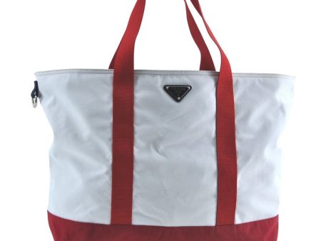 Authentic PRADA Tote Travel Bag Canvas Leather White Red J0493 Cheap