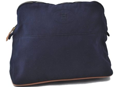 Authentic HERMES Bolide GM Cosmetic Pouch Purse Canvas Leather Blue 3189D on Sale