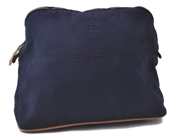 Authentic HERMES Bolide GM Cosmetic Pouch Purse Canvas Leather Blue 3189D on Sale