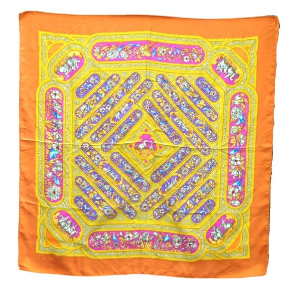 Authentic HERMES Carre 90 Scarf  QALAMDAN  Silk Orange 5401D Sale