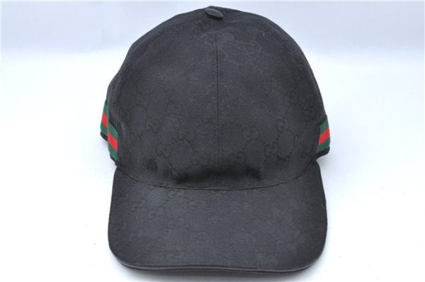 Authentic GUCCI Web Sherry Line Cap GG Canvas Leather Size M 200035 Black G9649 Hot on Sale