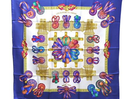 Authentic HERMES Carre 90 Scarf  LES RUBANS DU CHEVAL  Silk Blue 2997D Sale