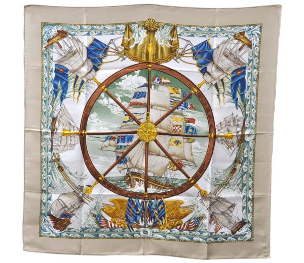 Authentic HERMES Carre 90 Scarf  vive le vent  Silk Beige 3497D Fashion