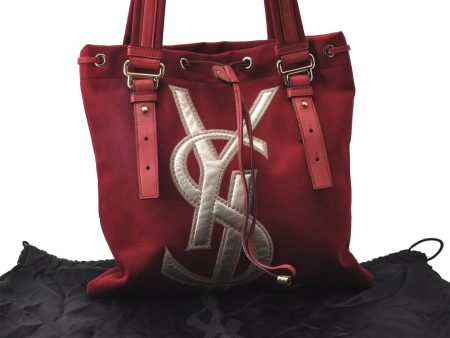 Authentic YVES SAINT LAURENT KAHARA Tote Hand Bag Canvas Leather Red 2631D Fashion