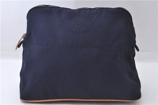 Authentic HERMES Bolide GM Cosmetic Pouch Purse Canvas Leather Blue 3189D on Sale