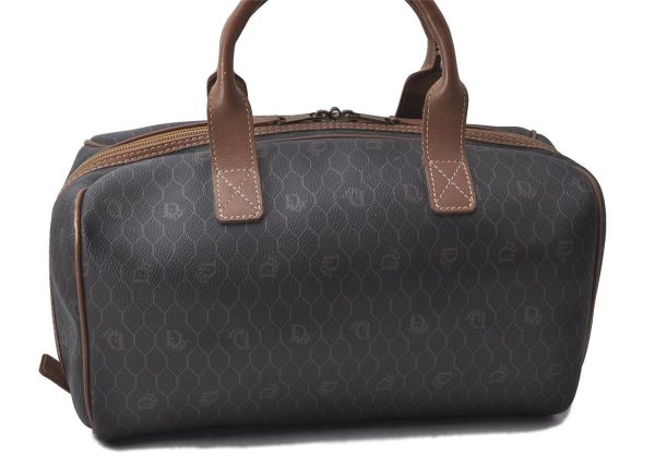 Auth Christian Dior Honeycomb Boston Hand Bag PVC Leather Black Brown CD 3073D Cheap