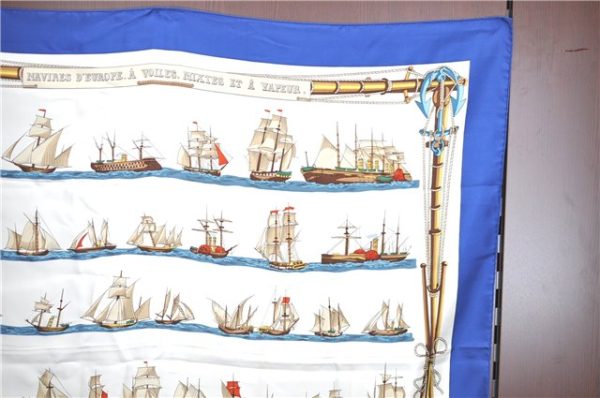 Auth HERMES Carre 90 Scarf  NAVIRES D EUROPE A VOILES, MIXTES  Silk Navy H6685 Discount