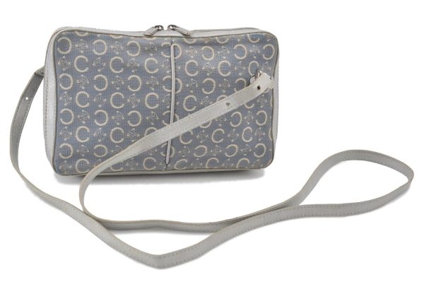 Auth CELINE C Macadam Pattern Shoulder Cross Bag Canvas Leather Light Blue H3303 For Discount