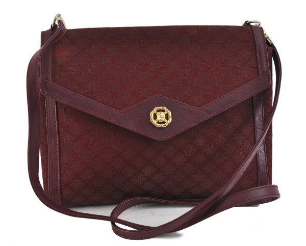 Auth CELINE Macadam Blason Shoulder Cross Body Bag Canvas Leather Bordeaux 6978C For Cheap