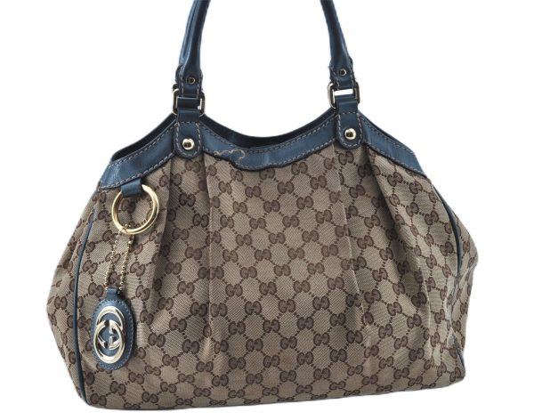 Auth GUCCI Sukey Shoulder Tote Bag GG Canvas Leather 211944 Brown Blue 5581C Online Hot Sale