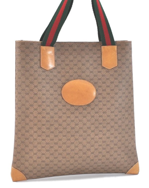 Auth GUCCI Micro GG Web Sherry Line Hand Tote Bag GG PVC Leather Brown G6469 Sale