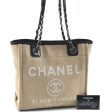 Auth CHANEL Deauville Line CC Logo Shoulder Tote Bag Canvas Beige Black H5897 Online