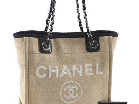 Auth CHANEL Deauville Line CC Logo Shoulder Tote Bag Canvas Beige Black H5897 Online