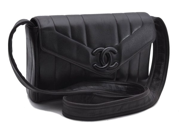 Auth CHANEL Mademoiselle CC Logo Calf Skin Shoulder Cross Body Bag Black G5474 Supply