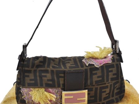 Auth FENDI Zucca Mamma Baguette Flower Motif Shoulder Hand Bag Nylon Brown H3276 Online