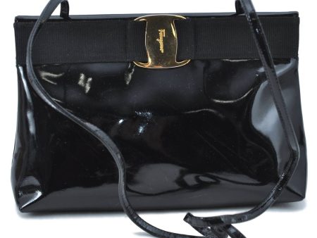 Authentic Salvatore Ferragamo Vara Enamel Shoulder Clutch Bag Black SF G7410 on Sale