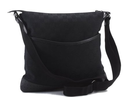 Auth GUCCI Shoulder Cross Body Bag GG Canvas Punching Leather 145857 Black 7402C For Sale