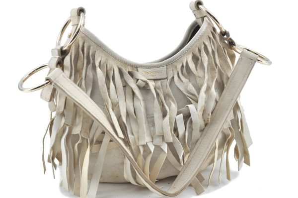 Authentic YVES SAINT LAURENT Shoulder Hand Bag Suede Leather 138963 Ivory H7295 Fashion