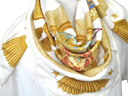 Authentic HERMES Carre 90 Scarf  Poste et Cavalerie  Silk White G9409 Fashion