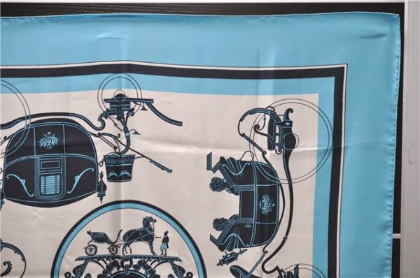 Authentic HERMES Carre 90 Scarf Horse Carrige Motif Silk Light Blue 2808D Online now