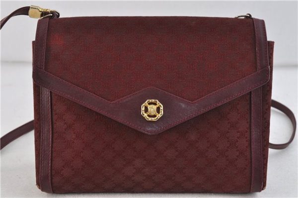 Auth CELINE Macadam Blason Shoulder Cross Body Bag Canvas Leather Bordeaux 6978C For Cheap