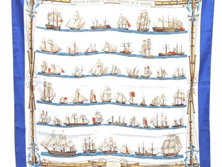 Auth HERMES Carre 90 Scarf  NAVIRES D EUROPE A VOILES, MIXTES  Silk Navy H6685 Discount